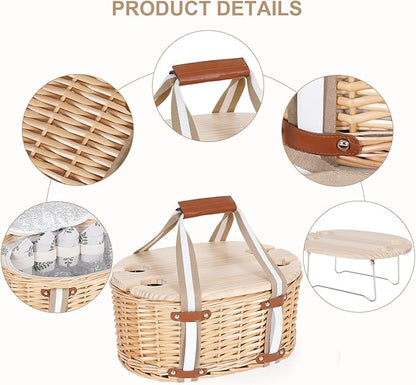 Picnic Basket Set for 4 - Wicker Insulated Picnic Basket with Folding Wine Table, Wine Picnic Kit with Liner for Couples, Camping, Outdoor, Valentine (Leaf)