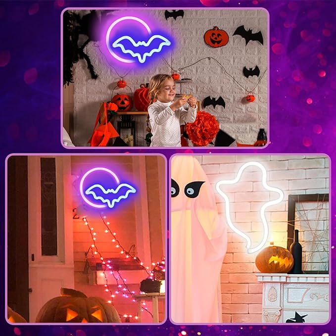 BRIGHTDECK 2 Pack Halloween Neon Signs, White Ghost, Blue Bat Full Moon Neon Lights Decorations, USB/Battery Powered Led Neon Sign for Halloween Wall Decor, Bedroom, Kids Gift, Bar, Party(Full Moon)