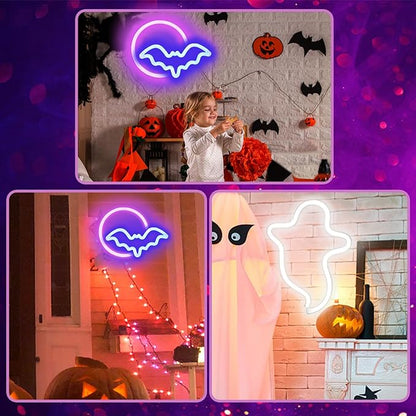 BRIGHTDECK 2 Pack Halloween Neon Signs, White Ghost, Blue Bat Full Moon Neon Lights Decorations, USB/Battery Powered Led Neon Sign for Halloween Wall Decor, Bedroom, Kids Gift, Bar, Party(Full Moon)