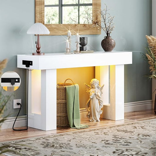 Unikito 47" Entryway Table with Socket and Sensor Light, Narrow Console Table with Storage Behind Couch, Farmhouse Entry Way Tables with Open Storage for Entrance/Hallway/Living Room, White