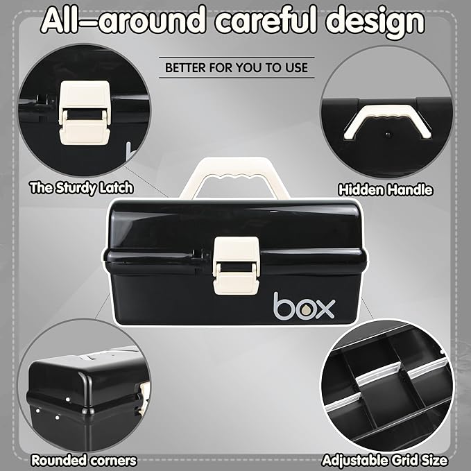 12in Three-Layer Multipurpose Storage Box Organizer Folding Tool Box/Art & Crafts Case/Sewing Supplies Organizer/Medicine Box/Family First Aid Box with 2 Trays (Black)…