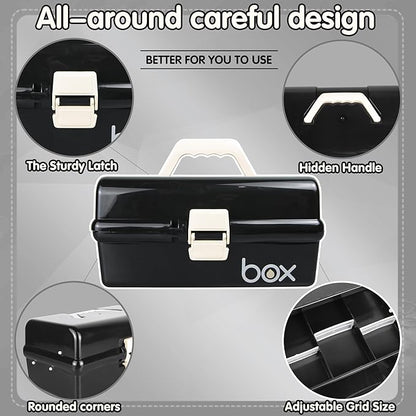 12in Three-Layer Multipurpose Storage Box Organizer Folding Tool Box/Art & Crafts Case/Sewing Supplies Organizer/Medicine Box/Family First Aid Box with 2 Trays (Black)…