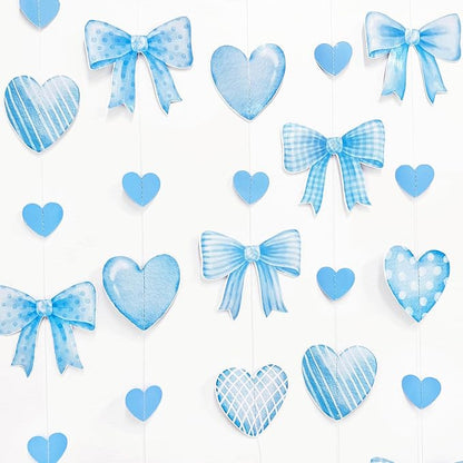 Blue Bow Decorations Blue Plaid Twill Polka Dot Bow Heart Hanging Streamer Garland Banner for Baby Shower Birthday Wedding Bridal Shower Bachelorette Coquette Anniversary Party Decorations Supplies