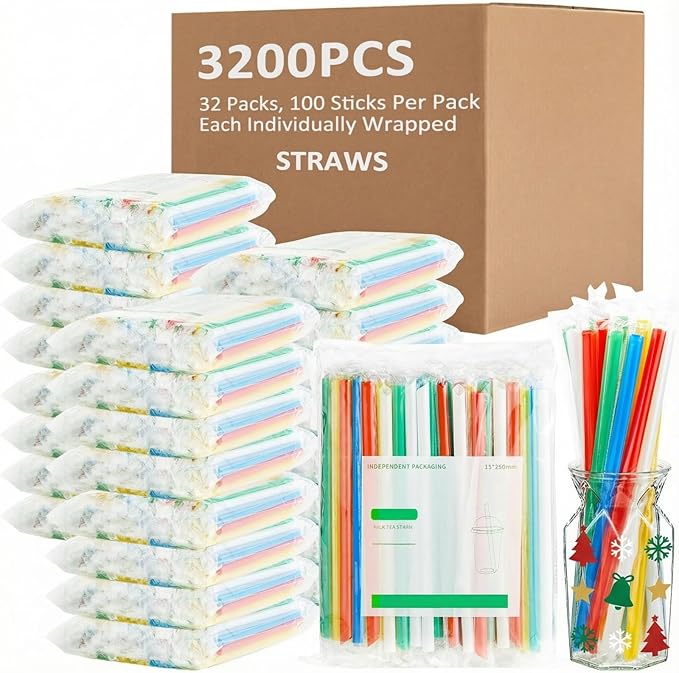 Tessco for you 3200 Pcs 9.84 Inch Jumbo Smoothie Straws Bulk Large Plastic Disposable Bubble Tea Straws Wide-Mouthed Individually Wrapped for Tall Homemade Milkshakes Drinking (Colorful)