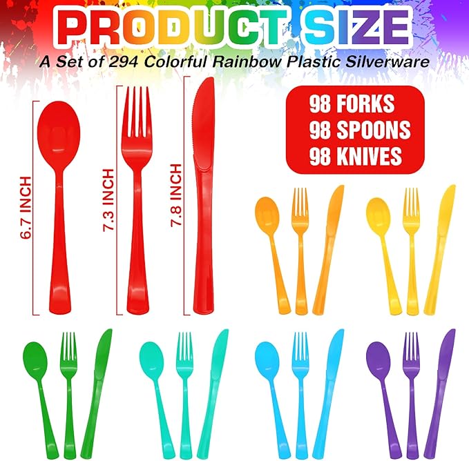 294 Pcs Neon Plastic Silverware Pastel Disposable Silverware Heavy Duty Colorfu Plastic Cutlery Set Includes 98Plastic Forks 98 Knives 98 Spoons for All Occasions（7 Colors）
