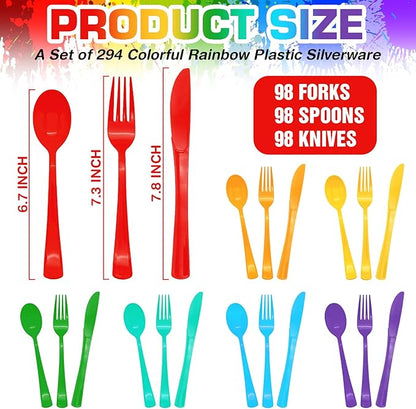 294 Pcs Neon Plastic Silverware Pastel Disposable Silverware Heavy Duty Colorfu Plastic Cutlery Set Includes 98Plastic Forks 98 Knives 98 Spoons for All Occasions（7 Colors）