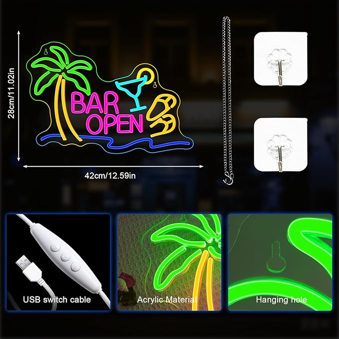 Lucunstar Neon Bar Sign LED Beer Sign USB Powered with Coconut Tree Slipper Wine Glass Bar Open Light Up Pub Party Man Cave Vacation Hotel LED Beer Neon Light Art Decor Gifts for Birthday Christmas