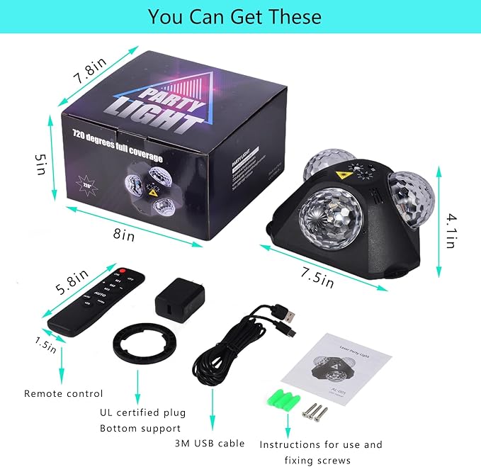 4 in 1 Disco Ball DJ Party Lights, 3 RGB Disco Lights+Red and Green Pattern Lamp Strobe Lighting for Home Room Dance Parties Birthday Karaoke Halloween Christmas Wedding Show Club Decorations