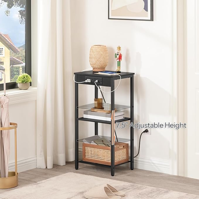 HOOBRO Tall End Table with Charging Station, 30 Inch Tall Nightstand, 3-Tier Small Side Table with Adjustable Shelf, for Living Room, Bedroom, Hallway, Black BB09UDH01G1