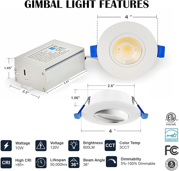 LTpro 3 Inch Gimbal Led Recessed Lights, Waterproof recessed Lights for Shower with Junction Box 10W, Recessed Ceiling LED Lights Dimmable Selectable 5CCT 2700K-6000K, IC Rated.(8 Pack)