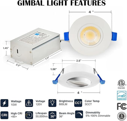 LTpro 3 Inch Gimbal Led Recessed Lights, Waterproof recessed Lights for Shower with Junction Box 10W, Recessed Ceiling LED Lights Dimmable Selectable 5CCT 2700K-6000K, IC Rated.(8 Pack)