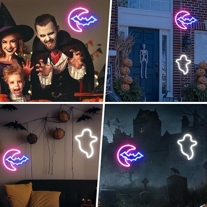 BRIGHTDECK 2 Pack Halloween Neon Signs, White Ghost, Blue Bat Full Moon Neon Lights Decorations, USB/Battery Powered Led Neon Sign for Halloween Wall Decor, Bedroom, Kids Gift, Living Room, Bar, Party (Half Moon)