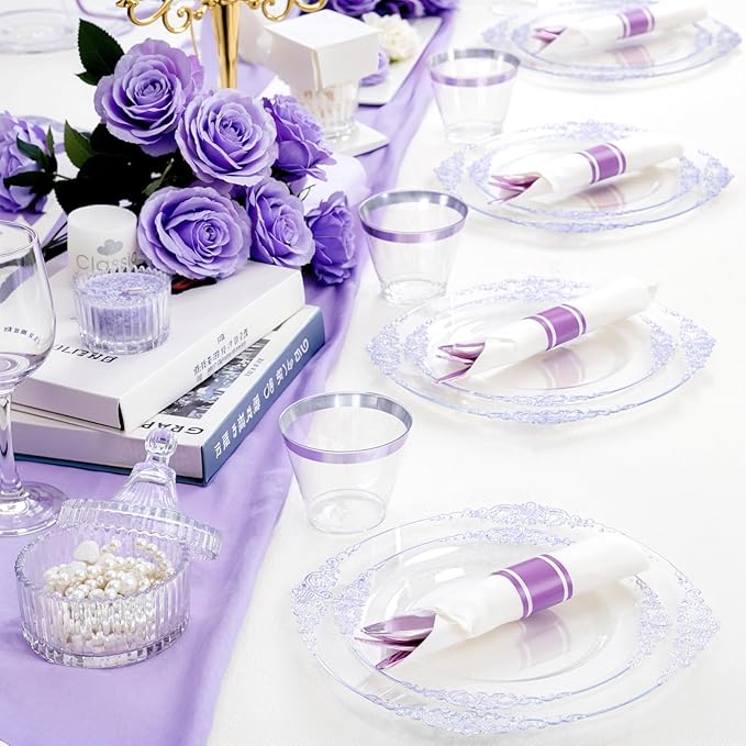Hioasis 175pcs Clear Purple Plastic Plates - Elegant Disposable Dinnerware Set Suitable for 25 Guests Include 10.25" Dinner & 7.5" Dessert Plates, Pre Rolled Silverware Set, Cups for Party & Wedding