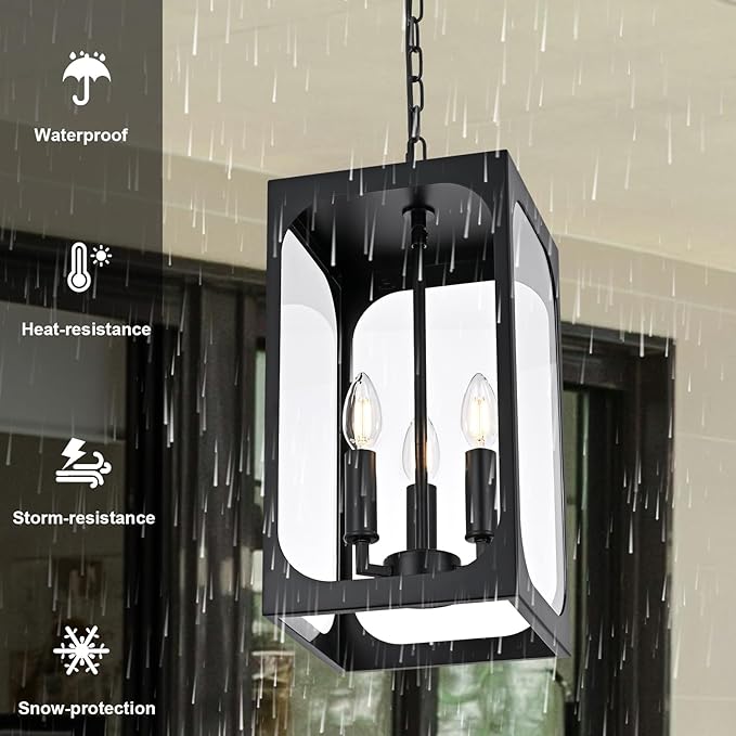 BONLICHT Outdoor Pendant Light 3 Light Modern Outside Chandelier Adjustable Black Exterior Ceiling Hanging Lantern with Clear Glass,Farmhouse Outdoor Pendant Lighting Fixture for Front Door Porch Yard