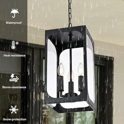 BONLICHT Outdoor Pendant Light 3 Light Modern Outside Chandelier Adjustable Black Exterior Ceiling Hanging Lantern with Clear Glass,Farmhouse Outdoor Pendant Lighting Fixture for Front Door Porch Yard