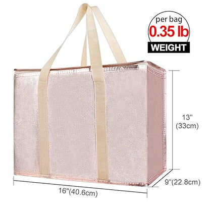 Bodaon 2-Pack Insulated Reusable Grocery Shopping Bag with Zippered Top, X-Large Frozen Foods Cold, Cooler Shopping Accessories, Insullated Bags, Insulated Food/Pizza Delivery Bag, Gold