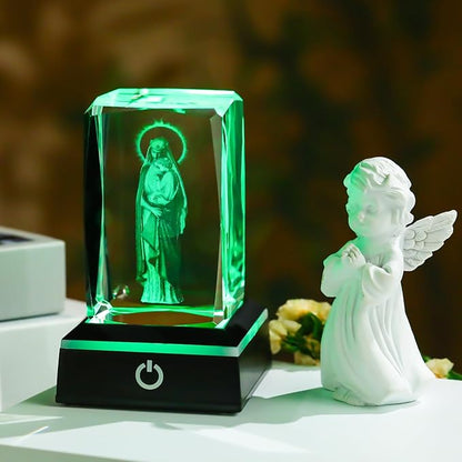 Movdyka Virgin Mary Statue Night Light - 3D Laser Engraved Madonna and Child Crystal Cube with Color-Changing LED Base | Catholic Gifts for Women & Men