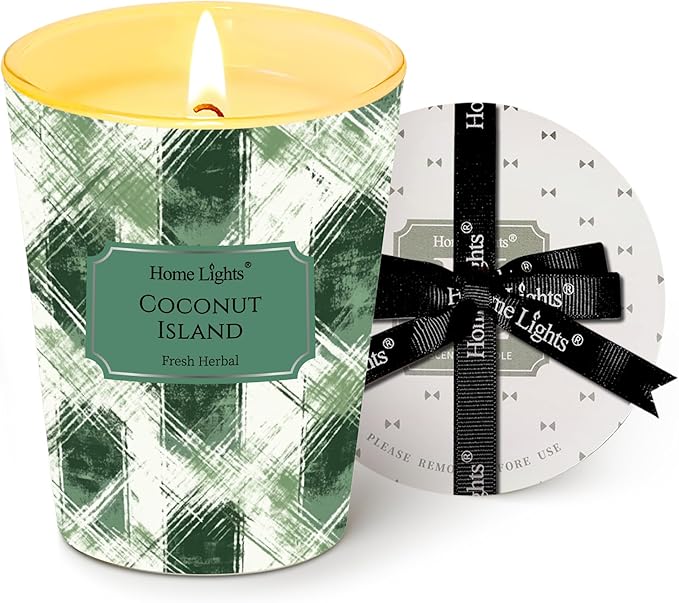 HomeLights 1-Wick Candles for Home Scented - 6.7oz Soy Wax Blend Candle Long-Lasting Fragrance, Scandinavian Minimalist Design Home Decor and Housewarming Gifts, Coconut Island
