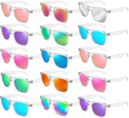 15 Pack Neon Party Favors Sunglasses Bulk, Retro Colorful Mirror Lens Sunglasses 80s 90s Party Glasses