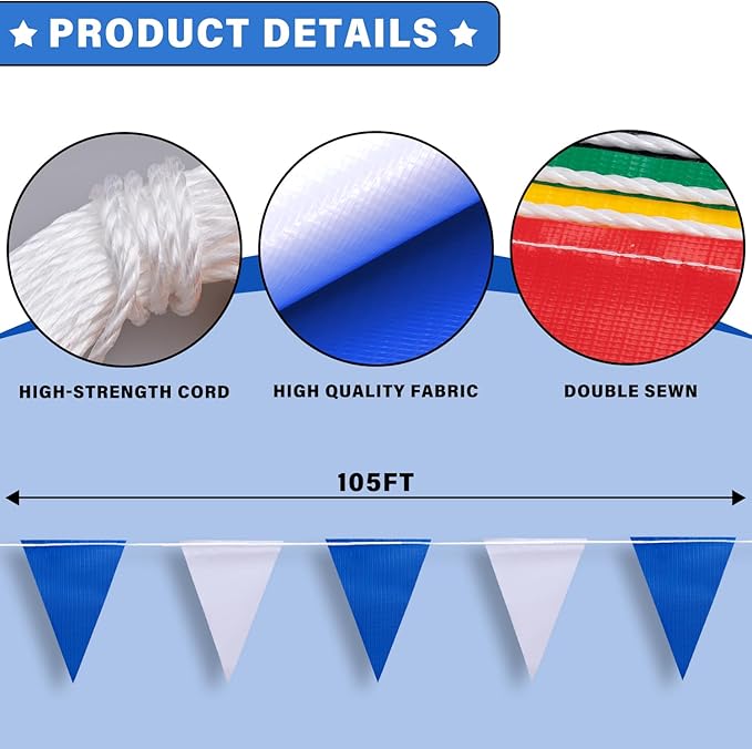 105ft Blue and White Pennant Banner Flag, 7"x10" Fluorescent Safety Flagging Banner Warning Flag for Construction Site/Boundary Barrier Signs, Perimeter Marking Flags on String, 45 Flags