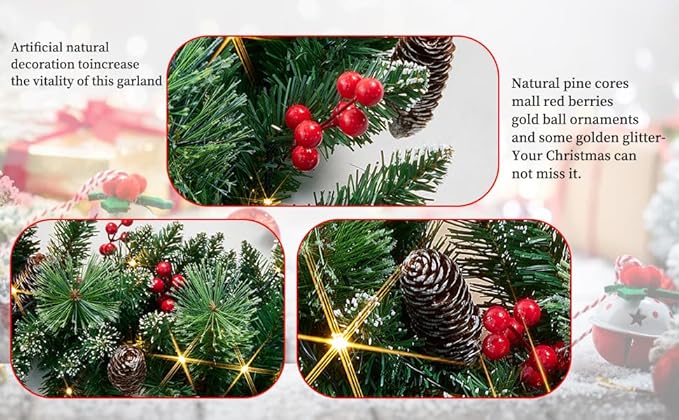 Christmas Garland with Lights, Battery Powered 8 Lighting Modes, 9FT 50 LED Luminous Christmas Decorations Indoor Home Decor.