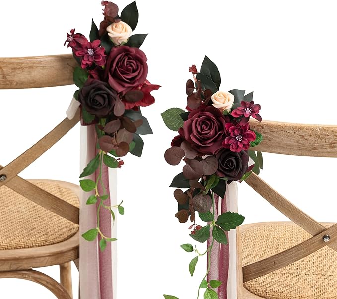 Ling's moment 8 Wedding Artificial Aisle Pew Flowers Chair Decorations Arrangements with Chiffon Ribbons Bordeaux Red for Ceremony Reception Chair Back Floral Decor Reception Church Party Outdoor