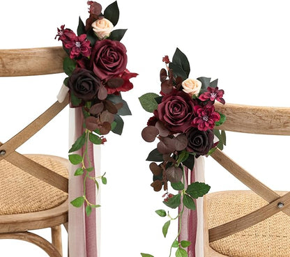 Ling's moment 8 Wedding Artificial Aisle Pew Flowers Chair Decorations Arrangements with Chiffon Ribbons Bordeaux Red for Ceremony Reception Chair Back Floral Decor Reception Church Party Outdoor