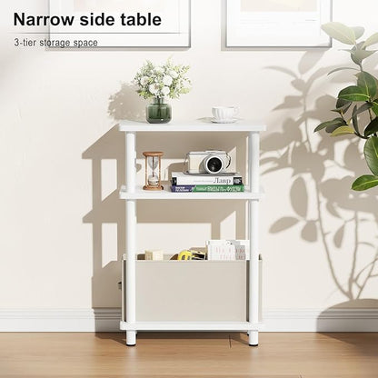 Apicizon Small Narrow Side Table, 3-Tier Skinny End Table with Fabric Basket, Slim Nightstand Bedside Table for Small Spaces, Living Room, Bderoom, White