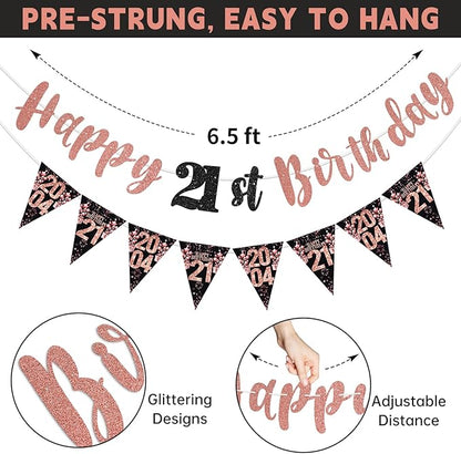 21st Birthday Decorations for Her, Black Rose Gold Happy 21st Birthday Banner Hanging Swirls Vintage 2004 Decorations Kit Cheers to 21 Party Supplies