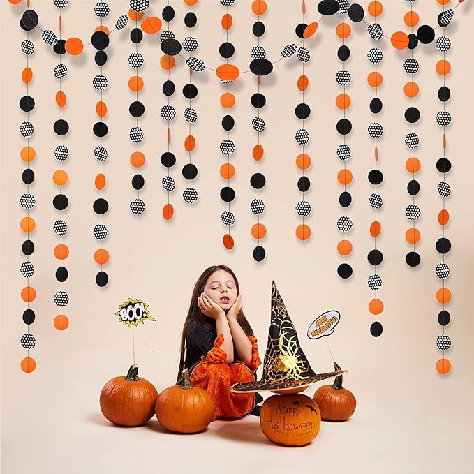 Cheerland Orange Halloween Garland Halloween Party Decorations Polka Dot Circle Streamers Banner Cute Spooky Birthday Party Themed Decor Kids Adult Fall Orange and Black Office Classroom Backdrop 52Ft