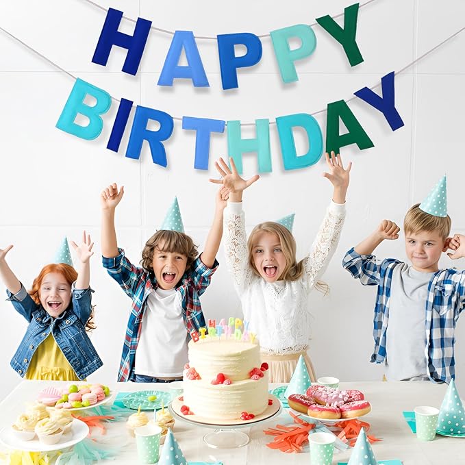 Felt Happy Birthday Garland Rainbow Banner Reusable Happy Birthday Sign Party Supply for Party Decor(Blue Color,Normal)