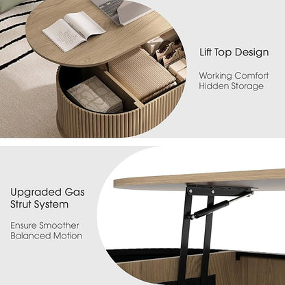 42.5" Oval Lift Top Coffee Table with Storage, Modern Oak Center Table with Fluted Design,Pop Up Coffee Table for Living Room,Solid Wood Legs & Hidden Compartment