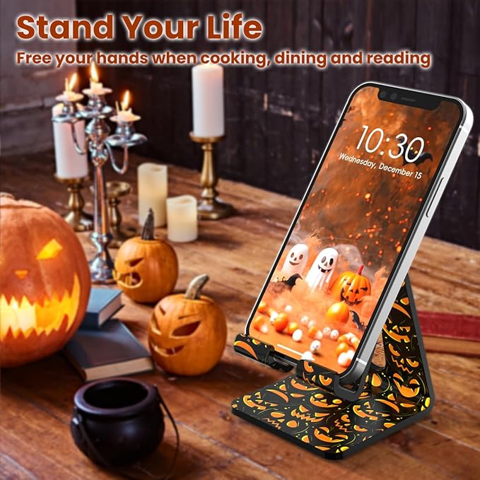 Crpich Acrylic Cell Phone Stand, Portable Phone Holder, Phone Stand for Desk, Compatible with Phone16 15 14 13 12 Pro Max Mini 11 Xr 8 Plus SE, Switch, Android Smartphone, Pad, Tablet, Pumpkin Print