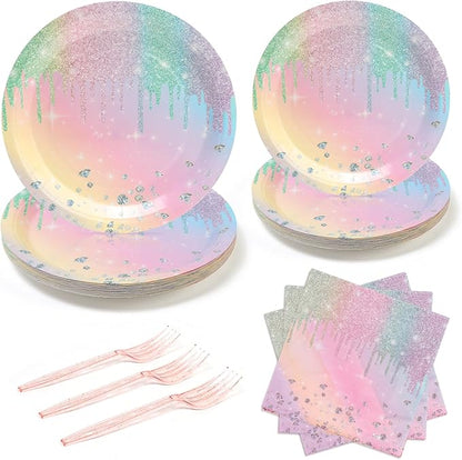96pcs Colorful Diamonds Party Disposable Tableware Set Birthday for 24 Guests Kids Party Supplies（Include Plates, Forks and Napkins）
