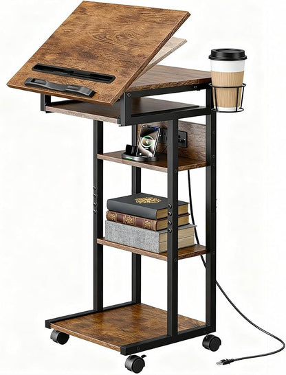 ZIFTY C Shaped End Table with Charging Station, 360° Swivel Couch Table with Wheels, Adjustable Laptop Tray, Sliding Keyboard Shelf & Storage Shelves, TV Tray Side Table for Living Room Bedroom Rustic