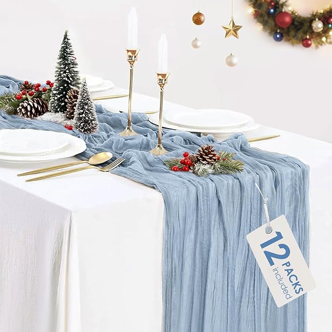 12 Pack Dusty Blue Cheesecloth Table Runners 35x120 Inch,10FT Boho Blue Gauze Table Runner Cheese Cloth for Wedding Party Baby Shower Christmas Home Decorations