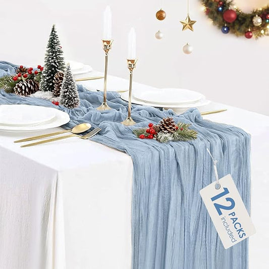 12 Pack Dusty Blue Cheesecloth Table Runners 35x120 Inch,10FT Boho Blue Gauze Table Runner Cheese Cloth for Wedding Party Baby Shower Christmas Home Decorations