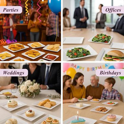 Aya's Cutlery Kingdom 100 Square Plastic Plates - Heavy Duty Disposable Plates - Includes 50 Dinner Plates (10-Inch) and 50 Salad Appetizer Plates (7-Inch) - Elegant White Party Plate for Holidays