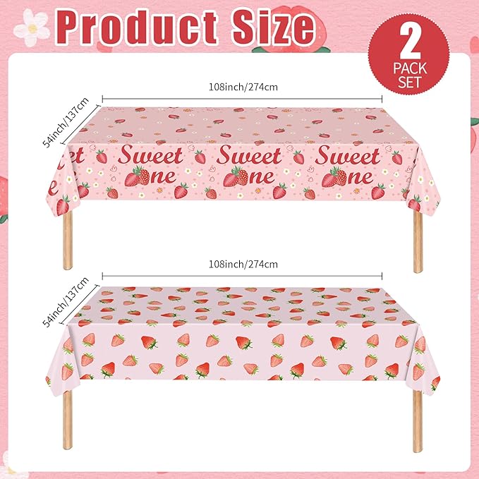 2 Pack Strawberry Tablecloths Plastic 54 X 108Inch, Strawberry Birthday Decorations Table Cloth Disposable Sweet One Table Covers for Baby Shower Birthday Party Supplies