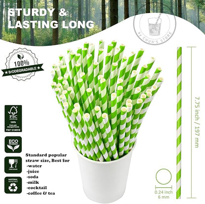 [1000 Count] 7.75 Inch Green/White Striped Paper Drinking Straws Bulk, 100% Biodegradable