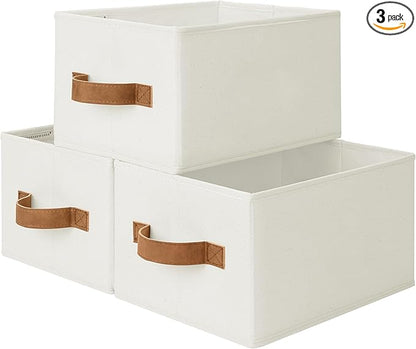 StorageWorks Closet Organizer Storage Baskets, Storage Bins for Shelves, Fabric Organization and Storage, Foldable Closet Organizer for Clothes, Ivory White, 3-Pack, Small