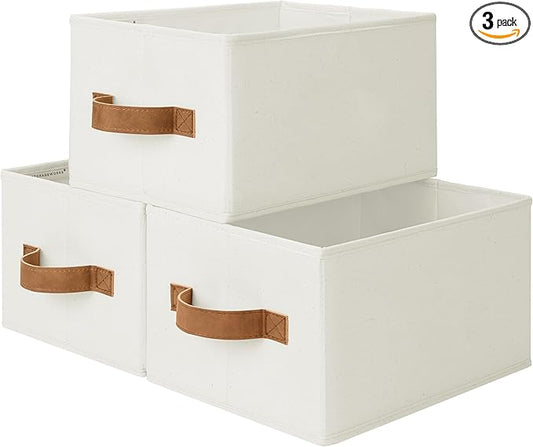 StorageWorks Closet Organizer Storage Baskets, Storage Bins for Shelves, Fabric Organization and Storage, Foldable Closet Organizer for Clothes, Ivory White, 3-Pack, Small