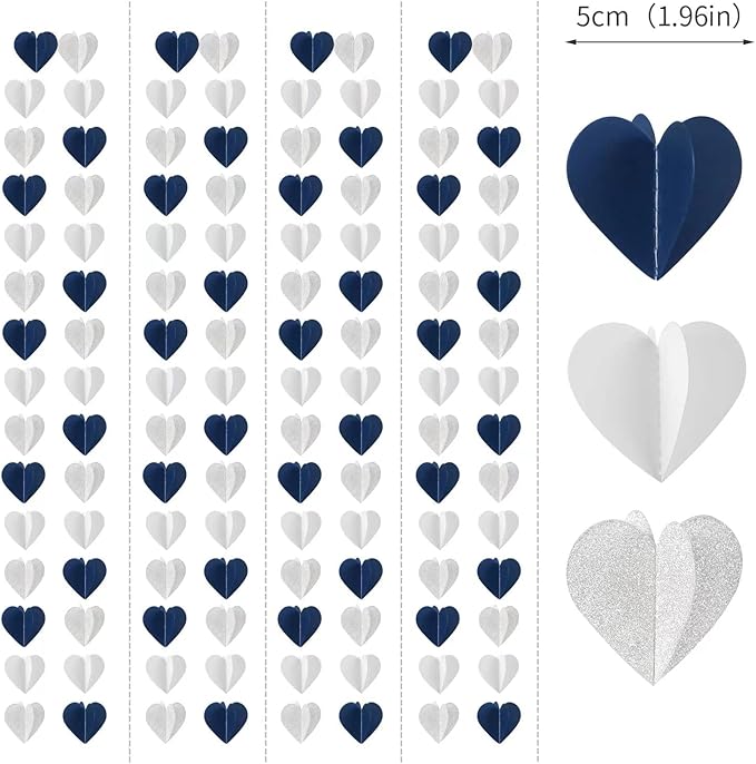 Navy-Blue White Silver 3D-Heart Garland - 39Ft Graduation Hanging Decoration Streamers Banner,Bridal Birthday Engagement Bachelorette Baby Shower Christmas Baby Shower Valentines Party Decor Ouruola