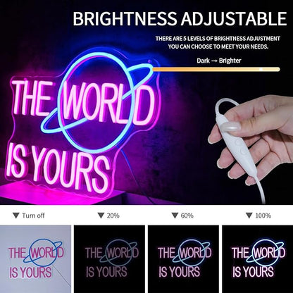 The World is Yours Neon Sign for Wall Decor Dimmable Pink Led Lights Signs for Bedroom Letters Neon Light for Office Game Room Man Cave Graduation Party Wedding Decor Birthday Gift for Girl