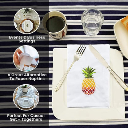 Pineapple Embroidered Cotton Dinner Napkins - 18x18 in Washable, Absorbent Reusable Napkins - Spring Easter Basket Decor - Pack of 6