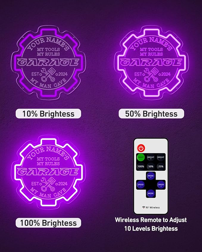 Custom Garage Neon sign for Wall Decor with Timing Remote, Personalized Gear Garage LED Neon Light for Man Cave, Home Bar, Workshop, Son Dad Birthday Gift PURPLE