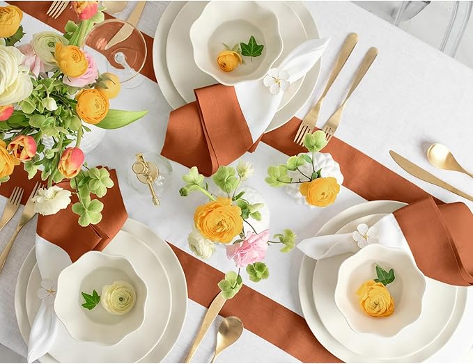 Solino Home Linen Table Runner 72 Inches Long - 100% Pure Linen Cinnamon and White Dining Table Runner 14 x 72 Inch - Contempo - Fall, Autumn