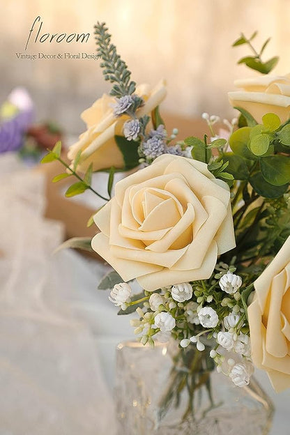 Floroom Artificial Flowers 25pcs Real Looking Creamy Yellow Foam Fake Roses with Stems for DIY Wedding Bouquets Bridal Shower Centerpieces Floral Arrangements Party Tables Home Decorations