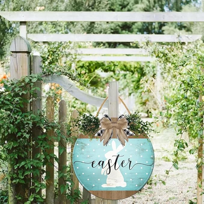Boylee Easter Wooden Hanging Sign Easter Sign Door Decoration with Bow Rustic Easter Wood Wreath Sign for Easter Spring Holiday Home Coffee Shop Bakery Farmhouse Window