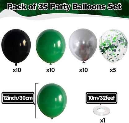 Green Black Balloons Dark Green Black Silver Confetti Balloons 35 Pcs 12 Inch Football Video Gamer Helium Latex Balloon for Boys Men Soccer Army Graduation Baby Shower Birthday Party Decorations